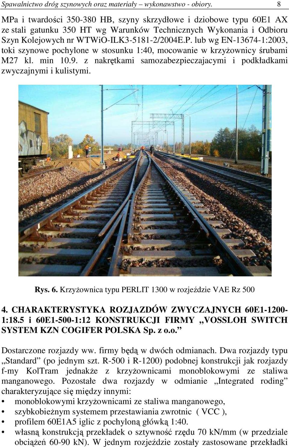 min 10.9. z nakrętkami samozabezpieczajacymi i podkładkami zwyczajnymi i kulistymi. Rys. 6. KrzyŜownica typu PERLIT 1300 w rozjeździe VAE Rz 500 4.
