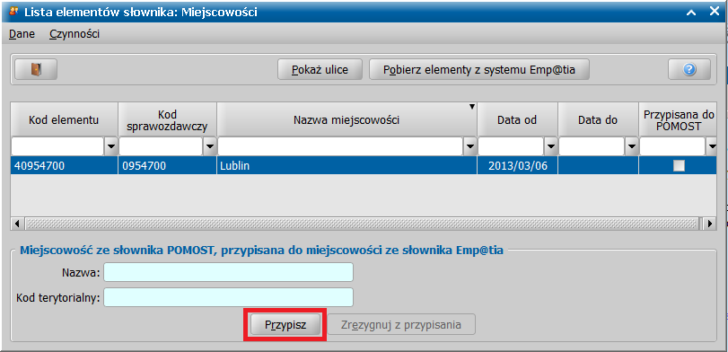 następnie wybór właściwego powiatu i przycisku Pokaż gminy, wreszcie wybór właściwej gminy i przycisku Pokaż miejscowości.