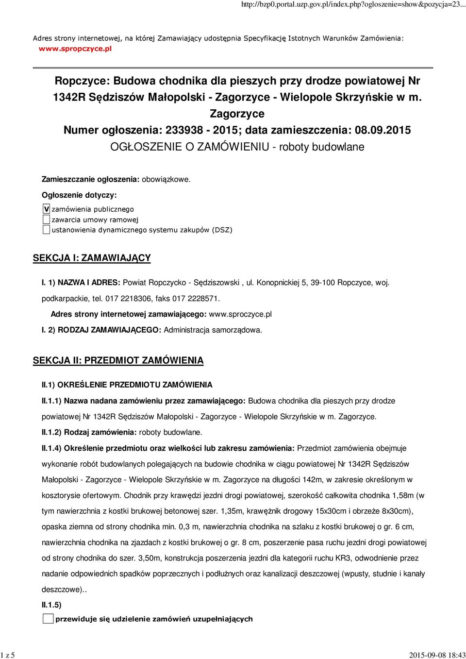 09.2015 OGŁOSZENIE O ZAMÓWIENIU - roboty budowlane Zamieszczanie ogłoszenia: obowiązkowe.