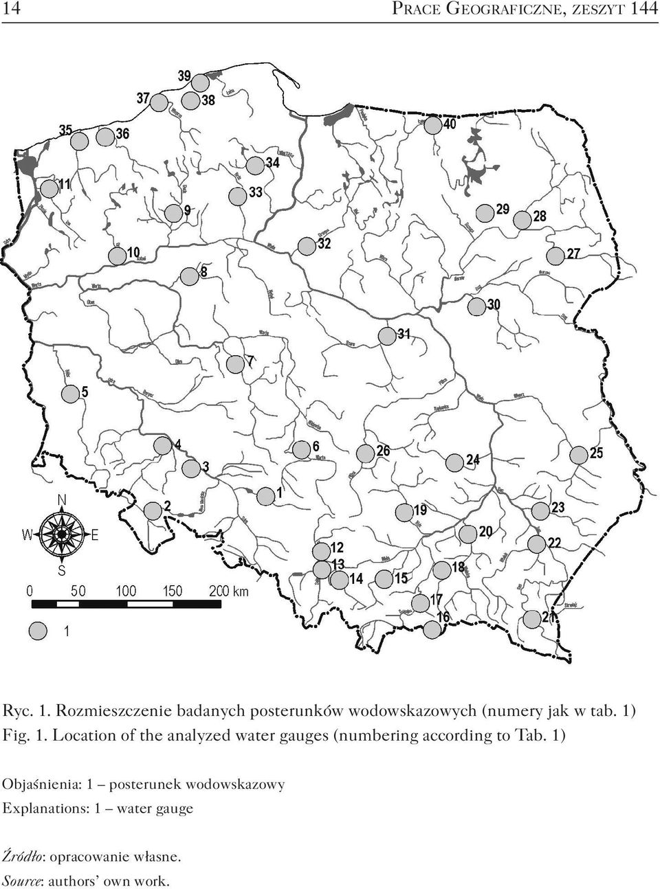 Rozmieszczenie badanych posterunków wodowskazowych (numery jak w