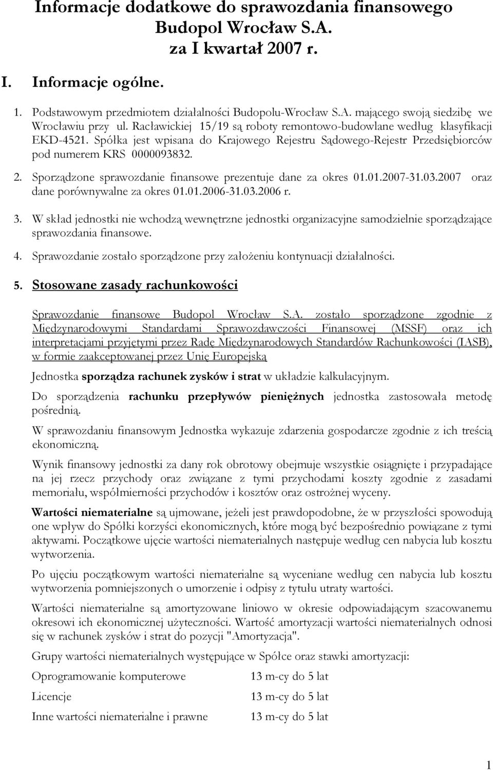 Sporządzone sprawozdanie finansowe prezentuje dane za okres 01.01.2007-31.03.2007 oraz dane porównywalne za okres 01.01.-31.03. r. 3.