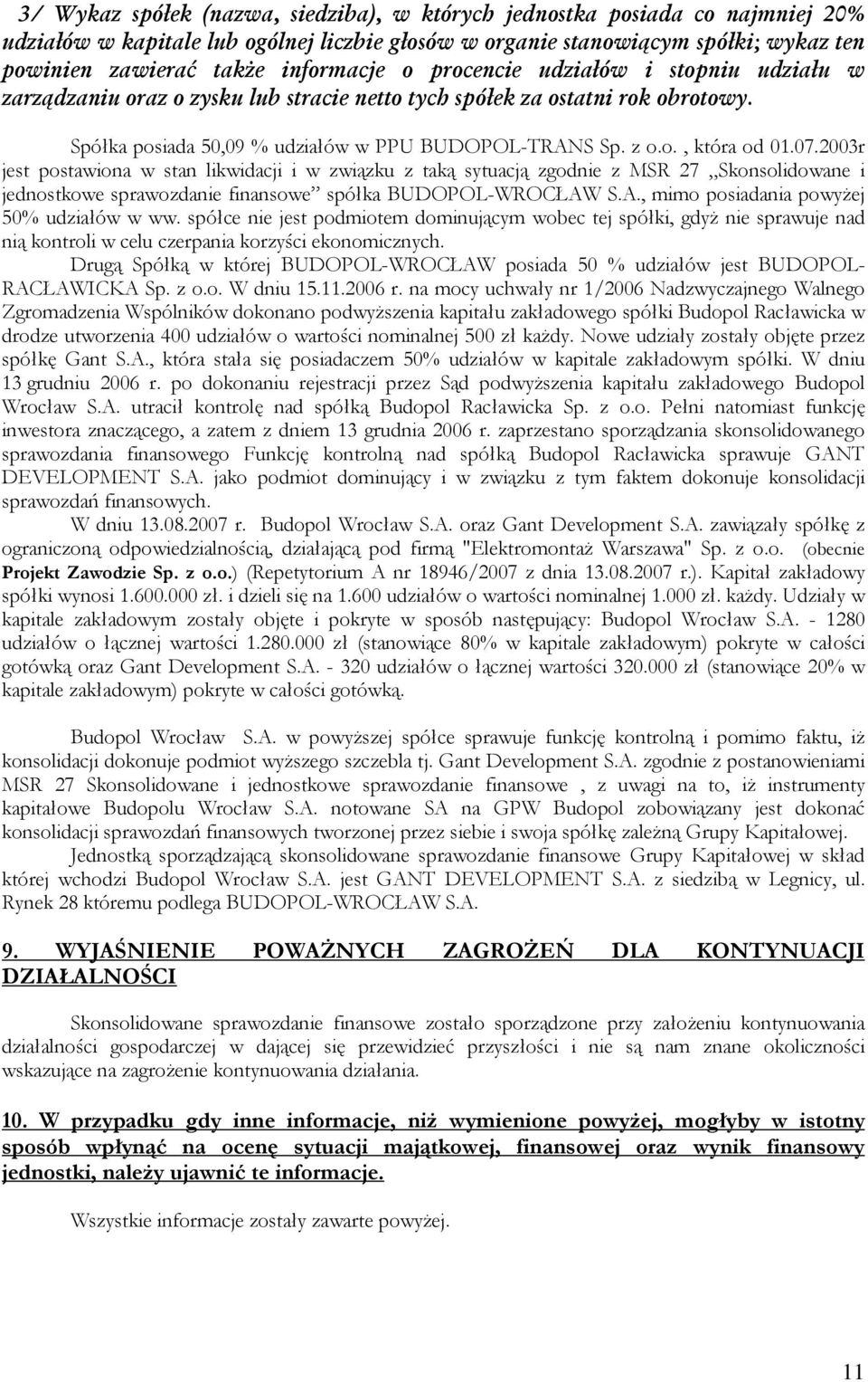 07.2003r jest postawiona w stan likwidacji i w związku z taką sytuacją zgodnie z MSR 27 Skonsolidowane i jednostkowe sprawozdanie finansowe spółka BUDOPOL-WROCŁAW