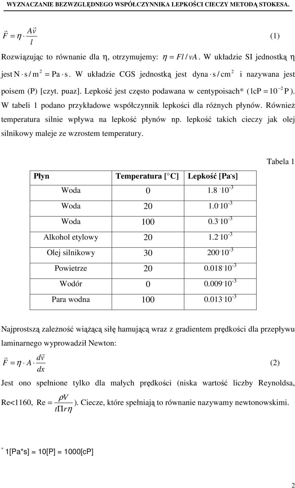 lekość takich cieczy jak olej silnikowy maleje ze wzostem temeatuy. Płyn Temeatua [ C] Lekość [Pa. s] Woda 0 1.8. 10-3 Woda 0 1.0. 10-3 Woda 100 0.3. 10-3 Alkohol etylowy 0 1.