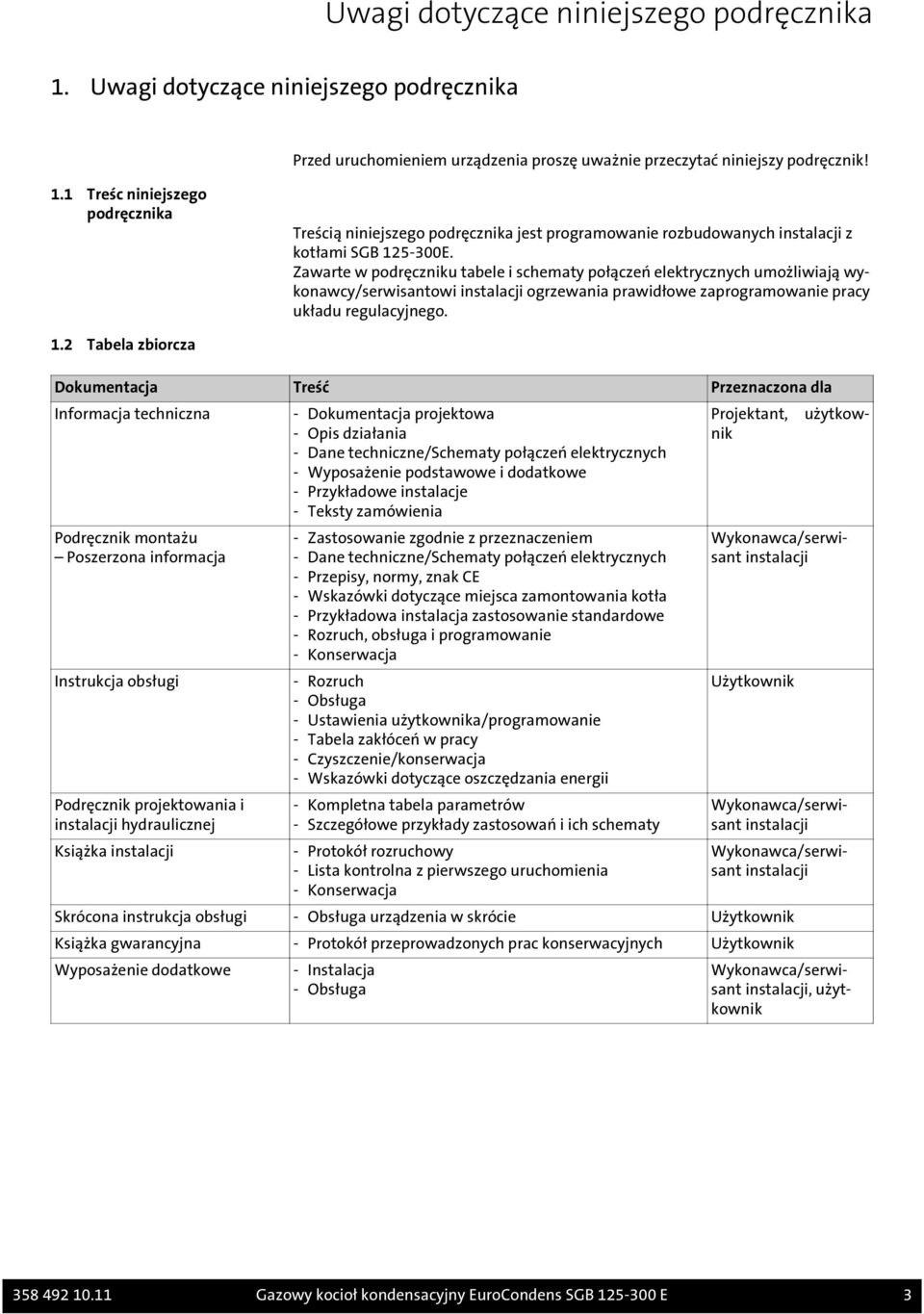 2 Tabela zbiorcza Dokumentacja Treść Przeznaczona dla Informacja techniczna Podręcznik montażu Poszerzona informacja Instrukcja obsługi Podręcznik projektowania i instalacji hydraulicznej Książka