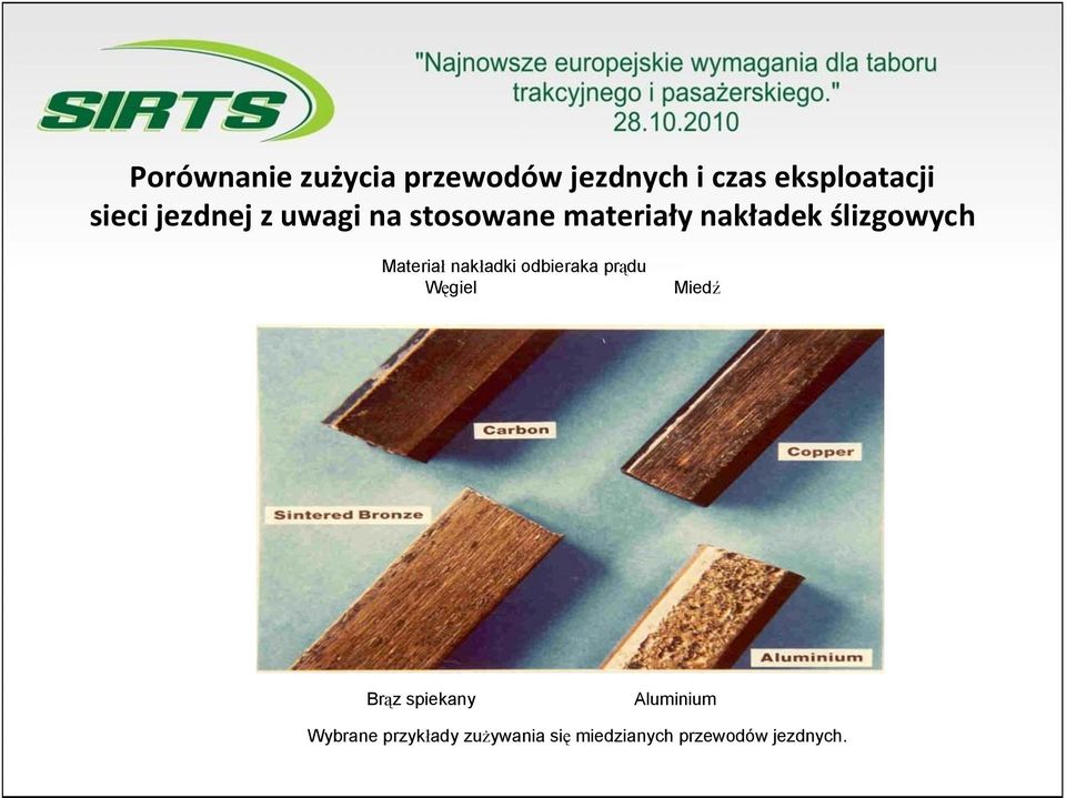 Materiał nakładki odbieraka prądu Węgiel Miedź Brąz spiekany