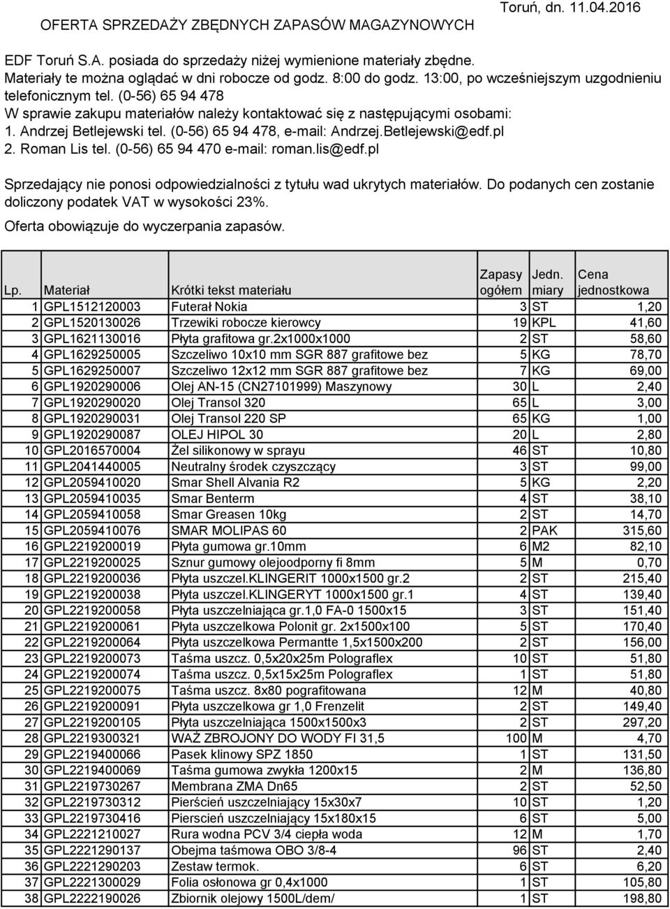 (0-56) 65 94 478, e-mail: Andrzej.Betlejewski@edf.pl 2. Roman Lis tel. (0-56) 65 94 470 e-mail: roman.lis@edf.pl Sprzedający nie ponosi odpowiedzialności z tytułu wad ukrytych materiałów.