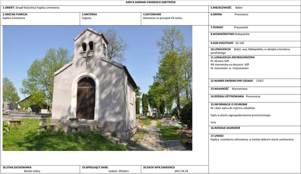 LOKALIZACJA ARCHEOLOGICZNA Nr obszaru AZP NR stanowiska na obszarze AZP Nr stanowiska w miejscowości Bobin woj. Małopolskie, w obrębie cmentarza 12.NUMER EWIDENCYJNY DZIAŁKI 119/5 13.