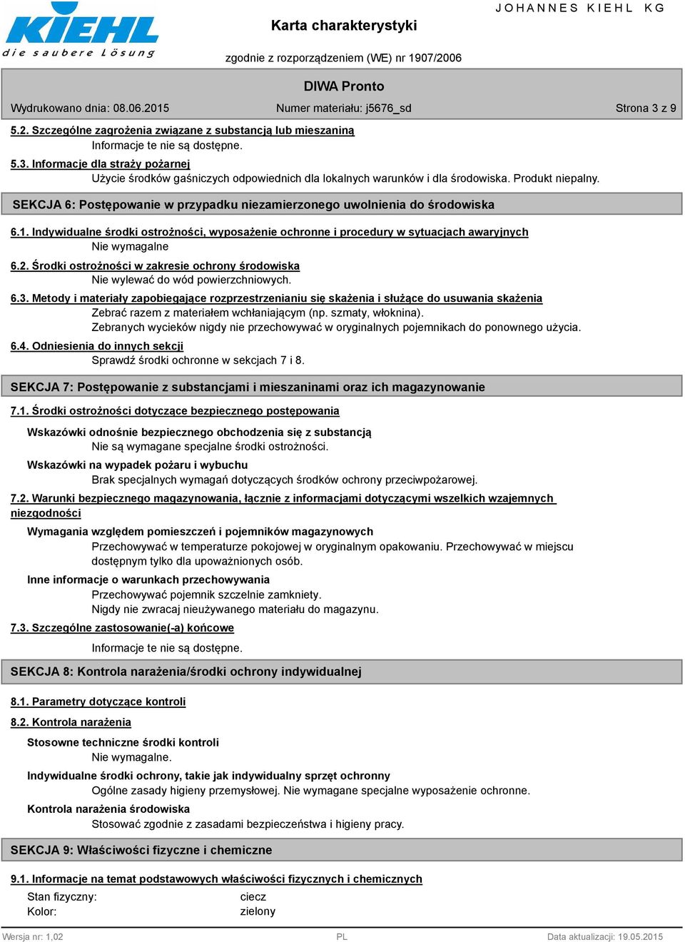 Indywidualne środki ostrożności, wyposażenie ochronne i procedury w sytuacjach awaryjnych Nie wymagalne 6.2. Środki ostrożności w zakresie ochrony środowiska Nie wylewać do wód powierzchniowych. 6.3.