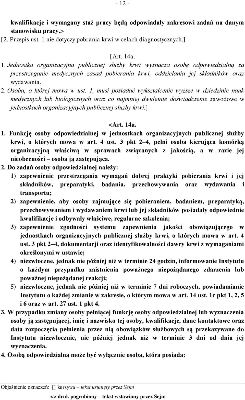 1, musi posiadać wykształcenie wyższe w dziedzinie nauk medycznych lub biologicznych oraz co najmniej dwuletnie doświadczenie zawodowe w jednostkach organizacyjnych publicznej służby krwi.] <Art. 14a.