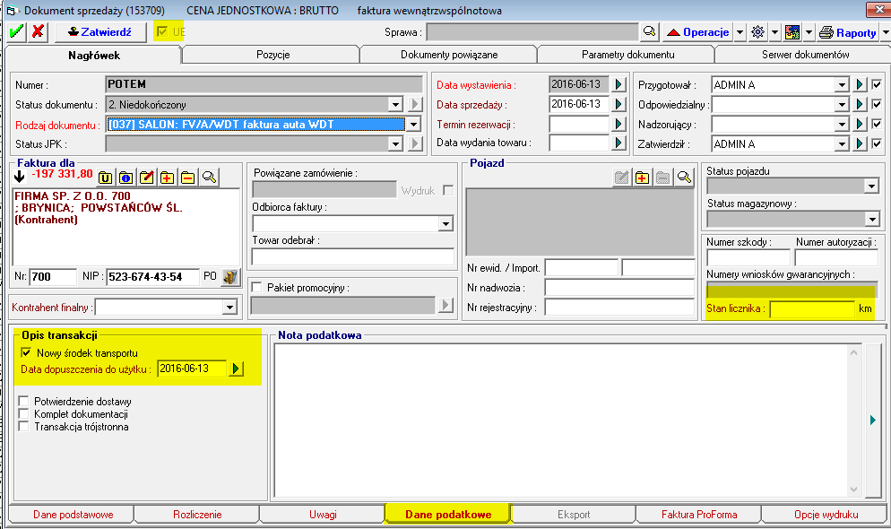 W tym celu na dokumencie sprzedaży należy ustawić znacznik UE transakcja wewnątrzwspólnotowa, który aktywuje pola opisu transakcji.