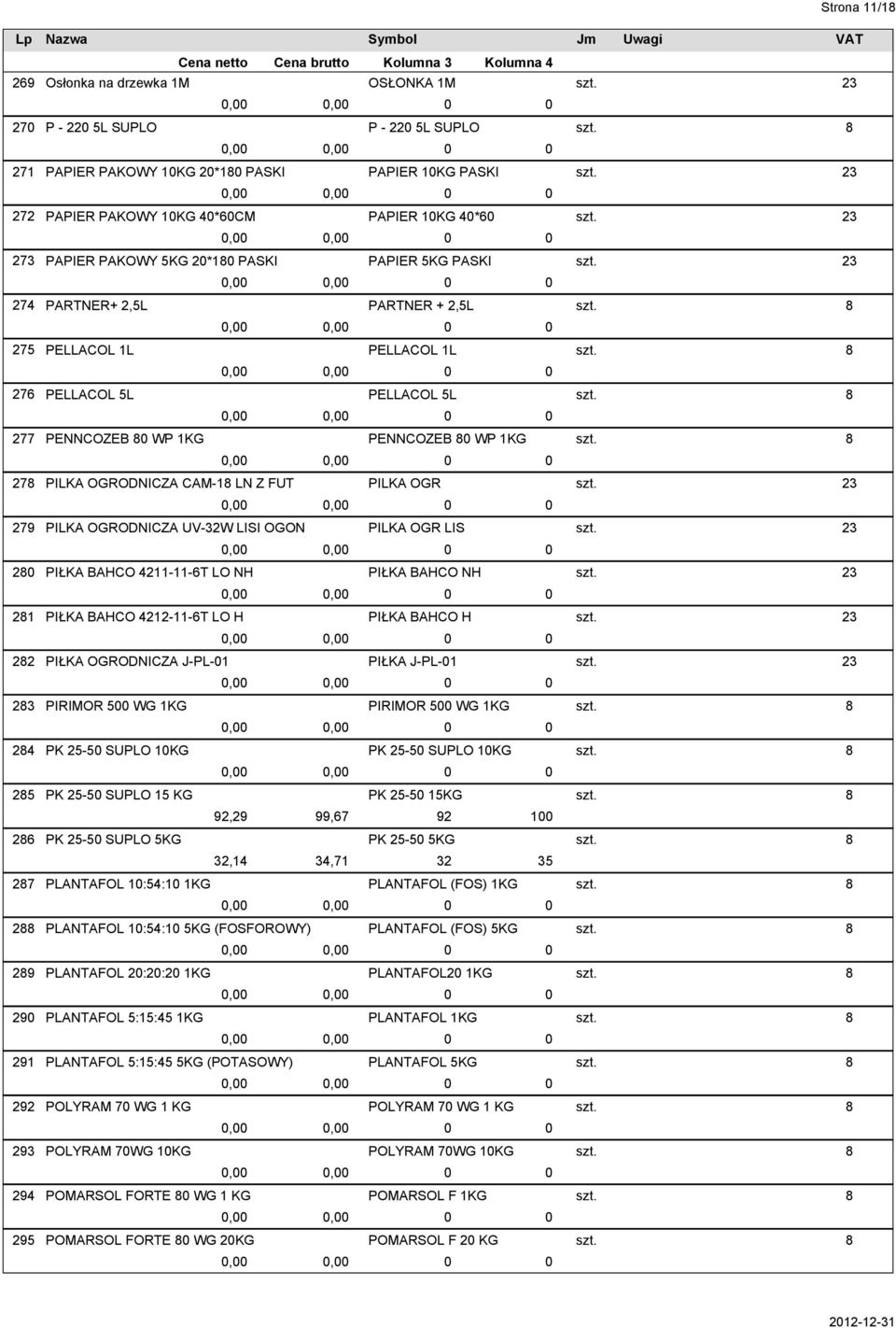 PIŁKA OGRODNICZA J-PL-1 PIRIMOR 5 WG 1KG PK 25-5 SUPLO 1KG PK 25-5 SUPLO 15 KG PK 25-5 SUPLO 5KG PLANTAFOL 1:54:1 1KG 92,29 32,14 PLANTAFOL 1:54:1 5KG (FOSFOROWY) PLANTAFOL 2:2:2 1KG PLANTAFOL