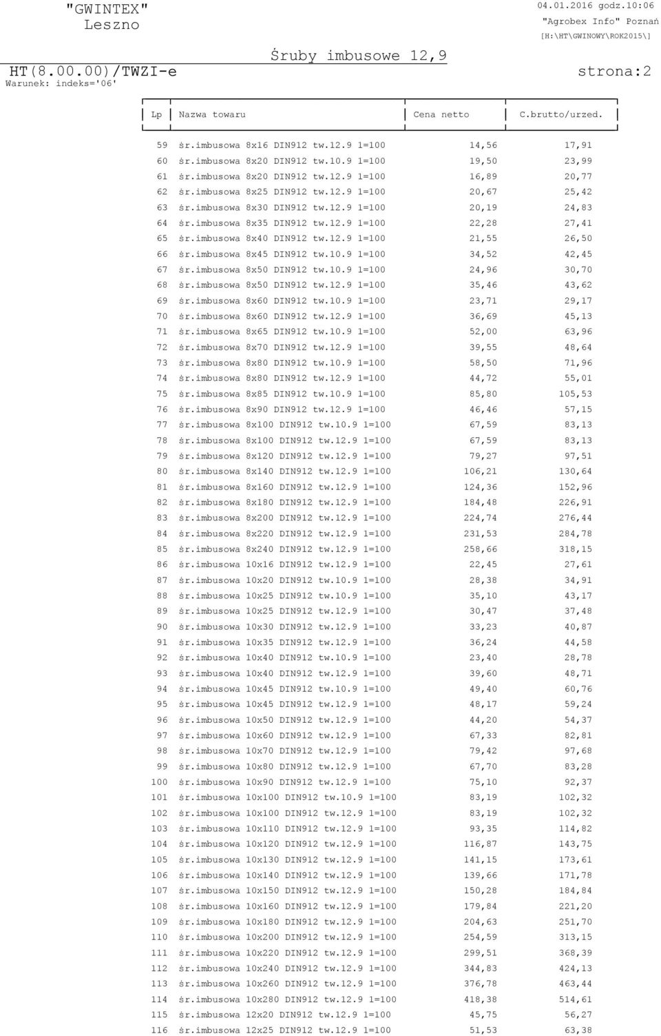 imbusowa 8x45 DIN912 tw.10.9 1=100 34,52 42,45 67 ÿr.imbusowa 8x50 DIN912 tw.10.9 1=100 24,96 30,70 68 ÿr.imbusowa 8x50 DIN912 tw.12.9 1=100 35,46 43,62 69 ÿr.imbusowa 8x60 DIN912 tw.10.9 1=100 23,71 29,17 70 ÿr.