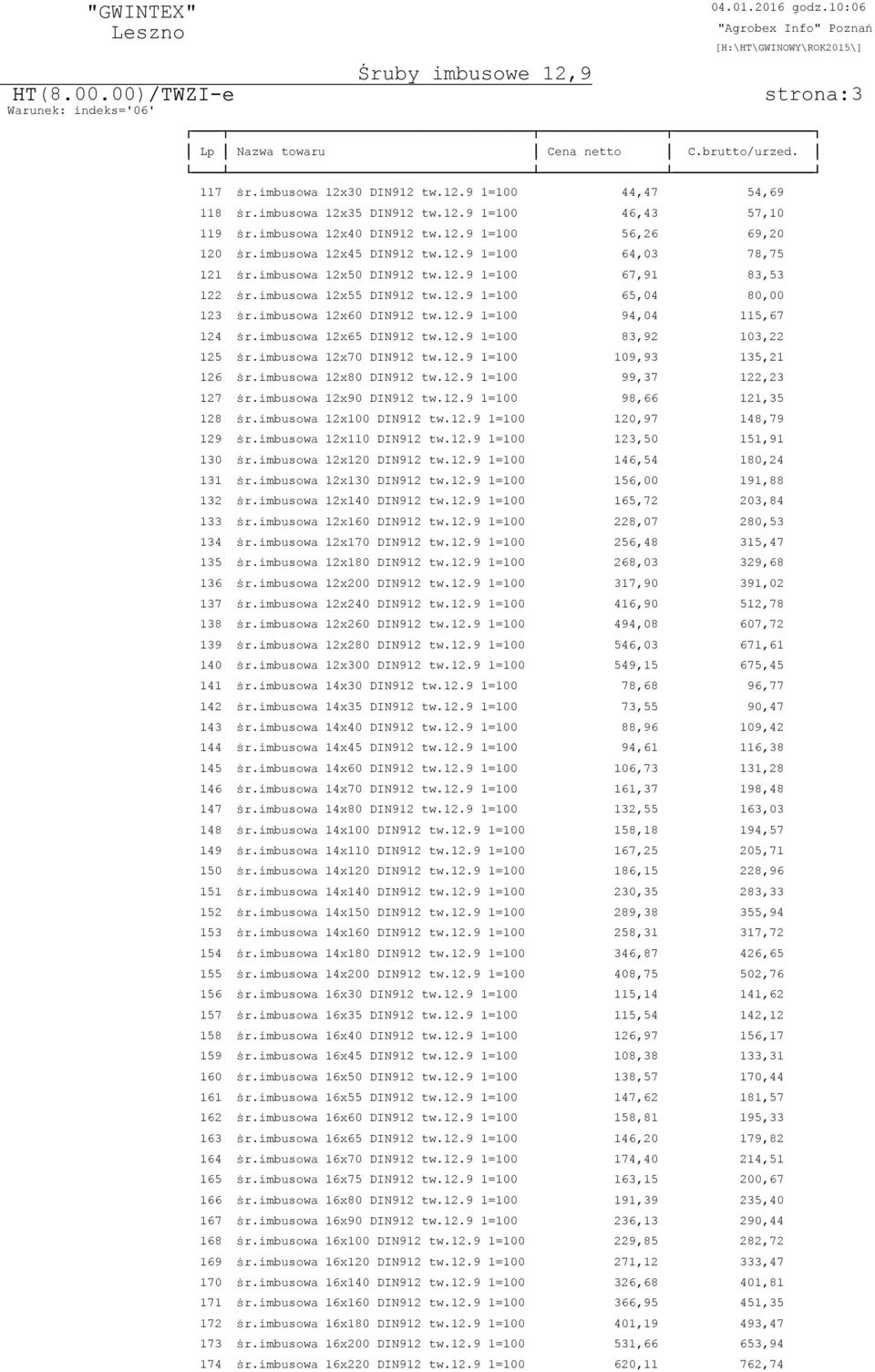 imbusowa 12x65 DIN912 tw.12.9 1=100 83,92 103,22 125 ÿr.imbusowa 12x70 DIN912 tw.12.9 1=100 109,93 135,21 126 ÿr.imbusowa 12x80 DIN912 tw.12.9 1=100 99,37 122,23 127 ÿr.imbusowa 12x90 DIN912 tw.12.9 1=100 98,66 121,35 128 ÿr.