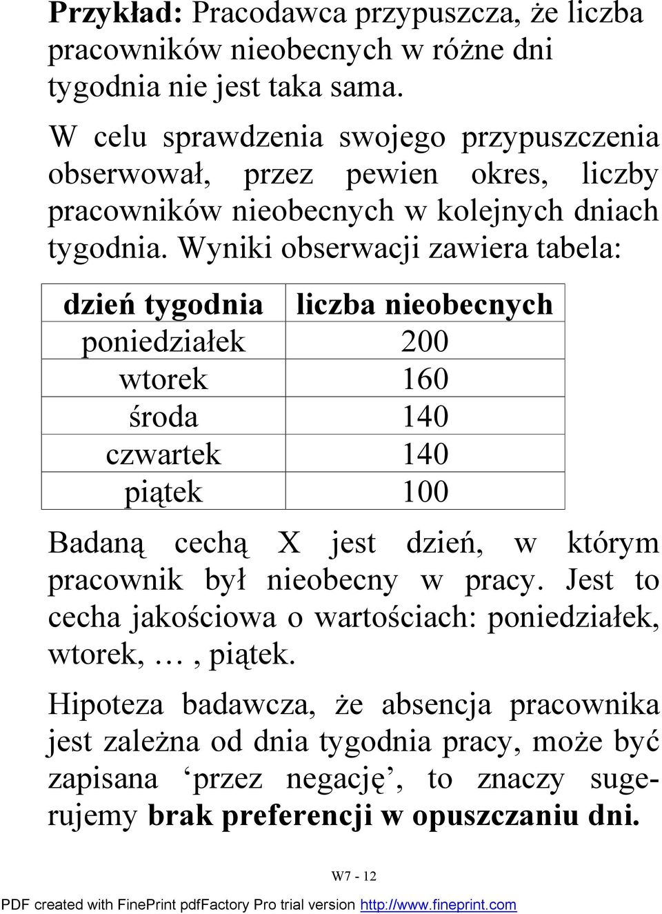 Wyiki obserwaci zawiera abela: dzień ygodia liczba ieobecych poiedziałek 00 worek 160 środa 140 czwarek 140 piąek 100 Badaą cechą X es dzień, w kórym pracowik był ieobecy