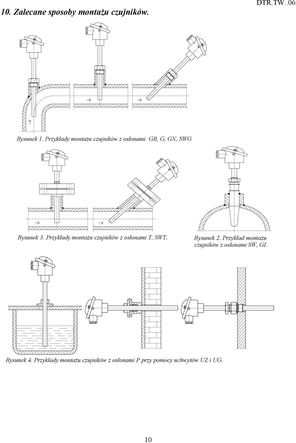 Przykłady montażu czujników z osłonami T, SWT. Rysunek 2.