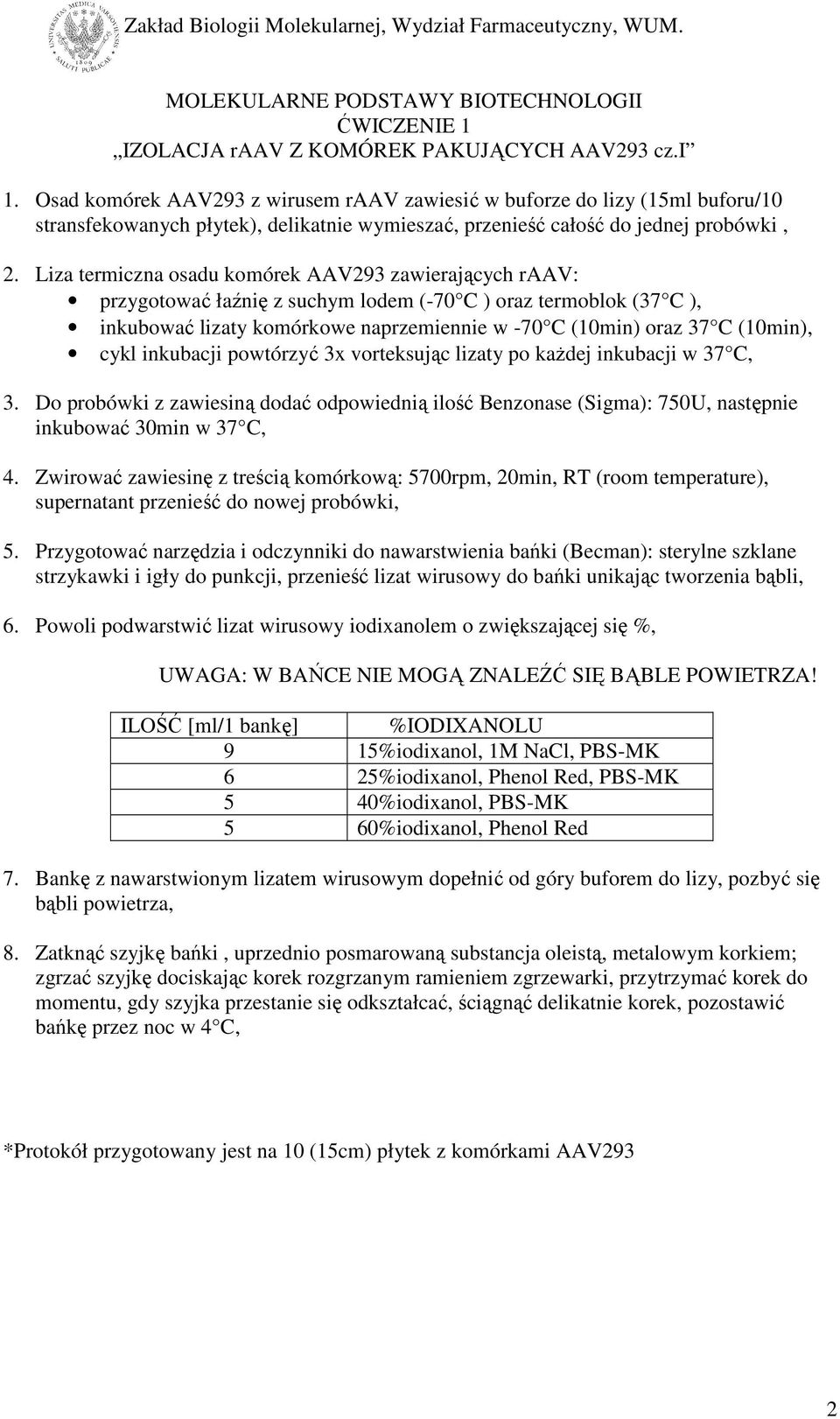 Liza termiczna osadu komórek AAV293 zawierających raav: przygotować łaźnię z suchym lodem (-70 C ) oraz termoblok (37 C ), inkubować lizaty komórkowe naprzemiennie w -70 C (10min) oraz 37 C (10min),