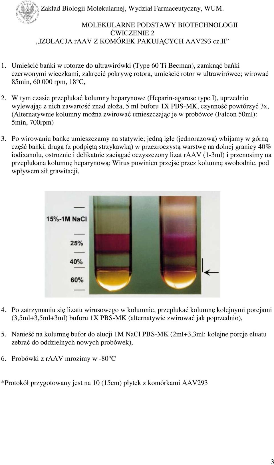 W tym czasie przepłukać kolumny heparynowe (Heparin-agarose type I), uprzednio wylewając z nich zawartość znad złoża, 5 ml buforu 1X PBS-MK, czynność powtórzyć 3x, (Alternatywnie kolumny można