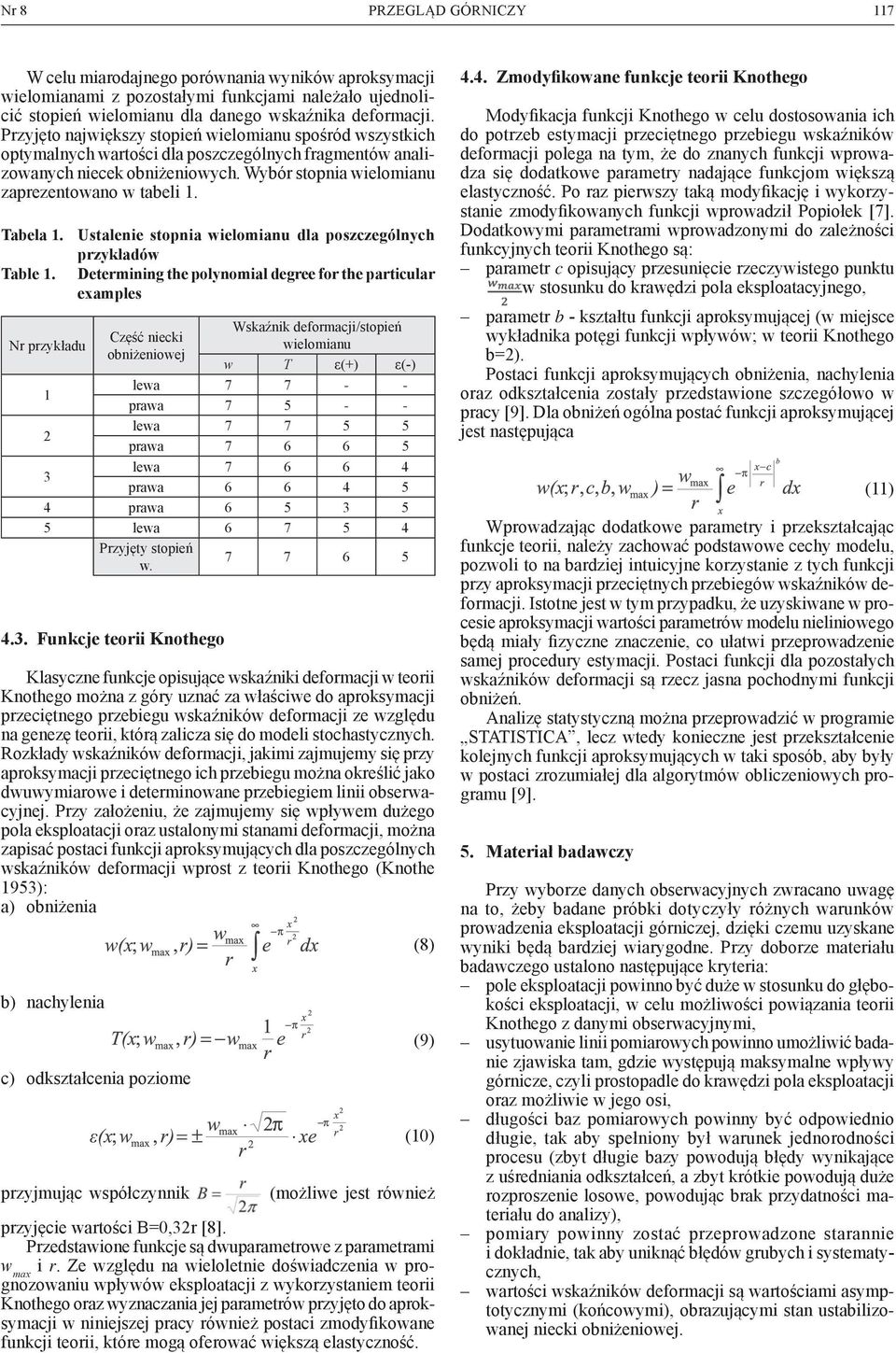 Tabela 1. Ustalenie stopnia wielomianu dla poszczególnych przykładów Table 1.