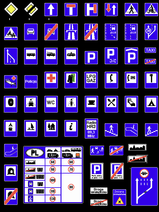 Znaki informacyjne Dotyczą sposobu prowadzenia pojazdu, oznaczają obiekty znajdujące się przy drodze lub