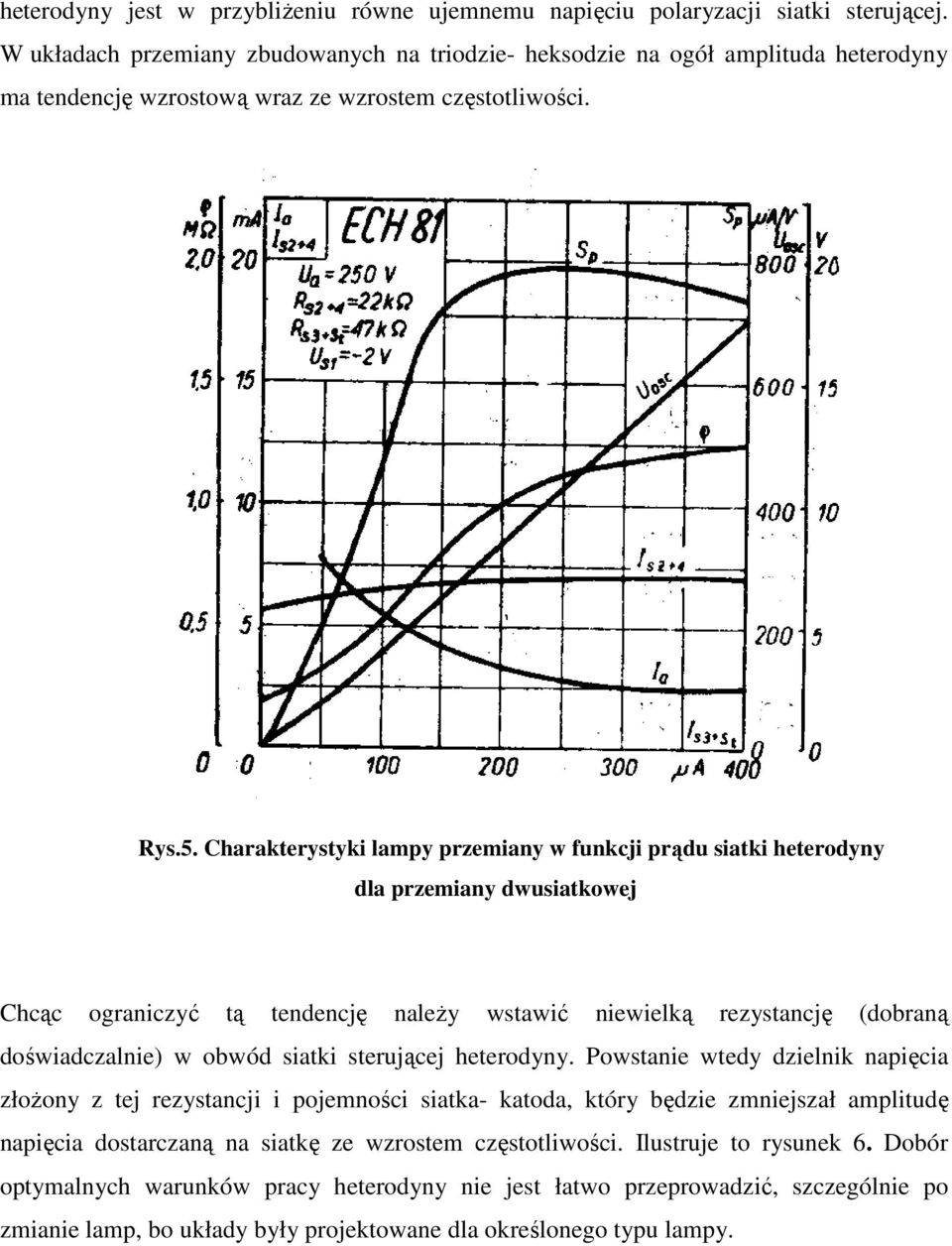 Charakterystyki lampy przemiany w funkcji prądu siatki heterodyny dla przemiany dwusiatkowej Chcąc ograniczyć tą tendencję należy wstawić niewielką rezystancję (dobraną doświadczalnie) w obwód siatki