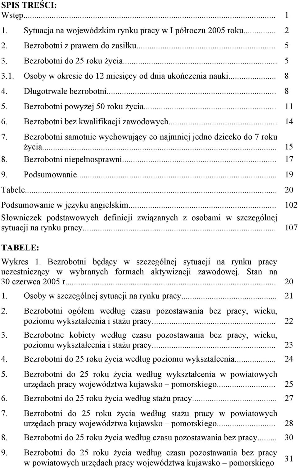 Bezrobotni samotnie wychowujący co najmniej jedno dziecko do 7 roku życia... 15 8. Bezrobotni niepełnosprawni... 17 9. Podsumowanie... 19 Tabele... 20 Podsumowanie w języku angielskim.