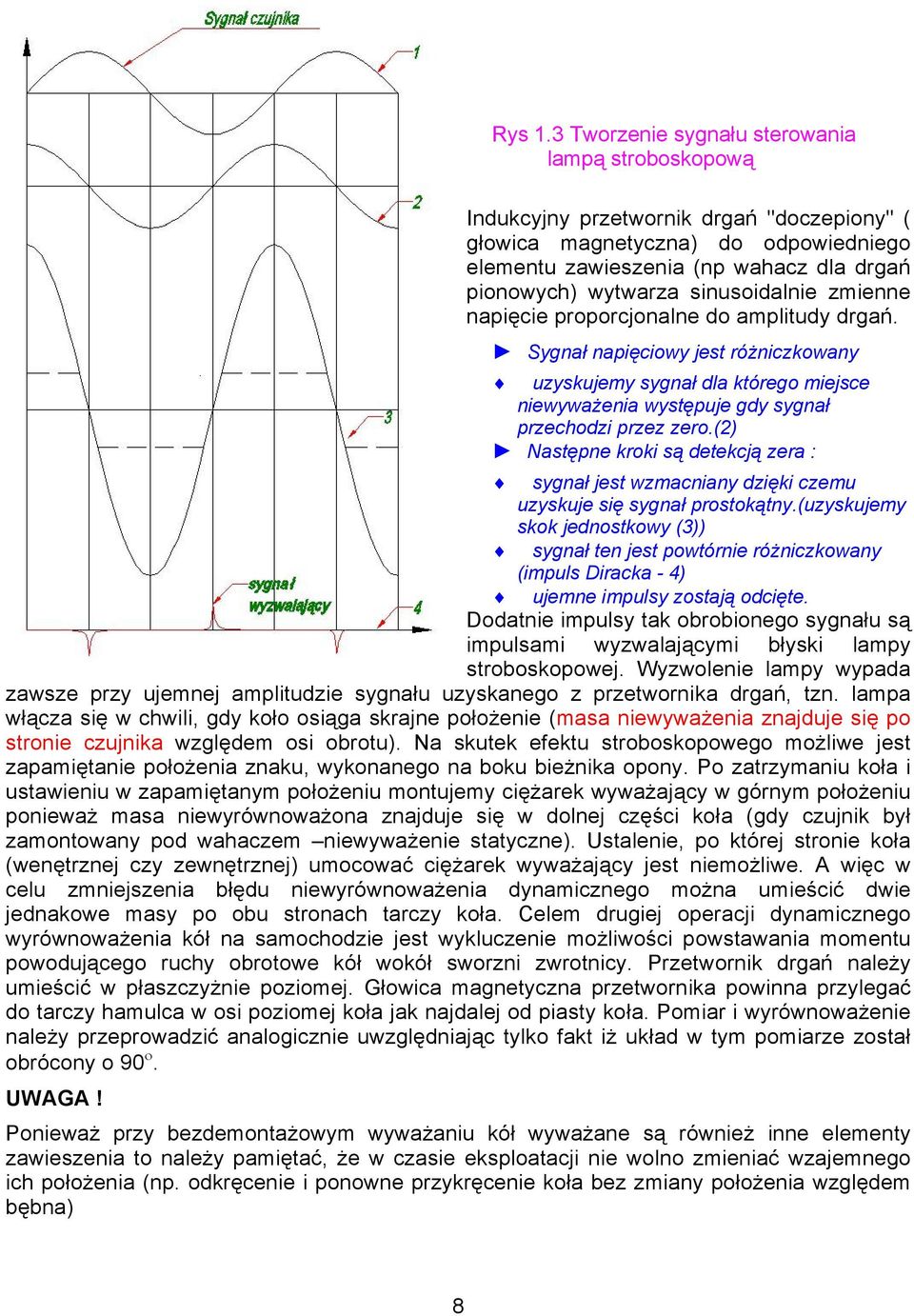 sinusoidalnie zmienne napięcie proporcjonalne do amplitudy drgań. Sygnał napięciowy jest różniczkowany uzyskujemy sygnał dla którego miejsce niewyważenia występuje gdy sygnał przechodzi przez zero.