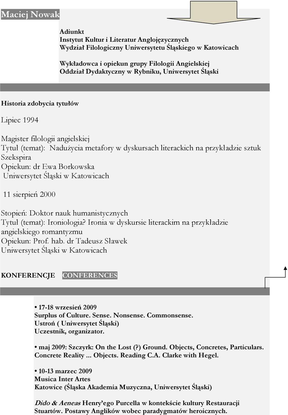 Ewa Borkowska Uniwersytet Śląski w Katowicach 11 sierpień 2000 Stopień: Doktor nauk humanistycznych Tytuł (temat): Ironiologia?
