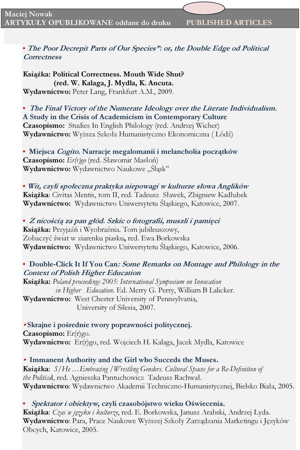 A Study in the Crisis of Academicism in Contemporary Culture Czasopismo: Studies In English Philology (red. Andrzej Wicher) Wydawnictwo: WyŜsza Szkoła Humanistyczno Ekonomiczna ( Łódź) Miejsca Cogito.