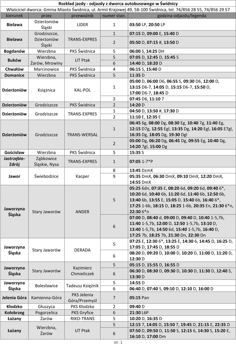 Dzierżoniów Śląski. LIDER 1 03:50 LP, 20:50 LP Grodziszcze, 1 07:15 D,  09:00 E, 15:40 D - PDF Darmowe pobieranie