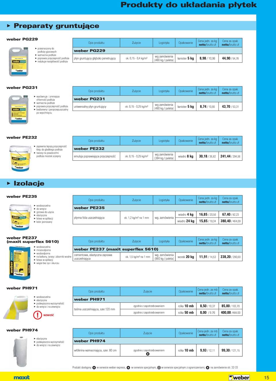 0,15-0,4 kg/m² (480 kg / paleta) kanister 5 kg 8,98 / 10,96 44,90 / 54,78 weber PG231 > wyrównuje i zmniejsza chłonność podłoża > wzmacnia podłoże > poprawia przyczepność podłoża > bezbarwny i
