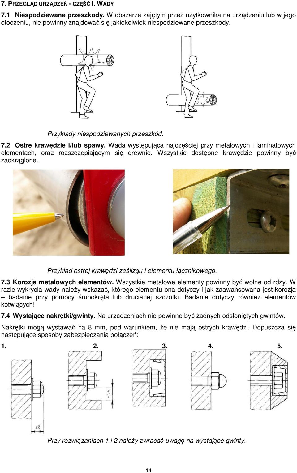 2 Ostre krawędzie i/lub spawy. Wada występująca najczęściej przy metalowych i laminatowych elementach, oraz rozszczepiającym się drewnie. Wszystkie dostępne krawędzie powinny być zaokrąglone.