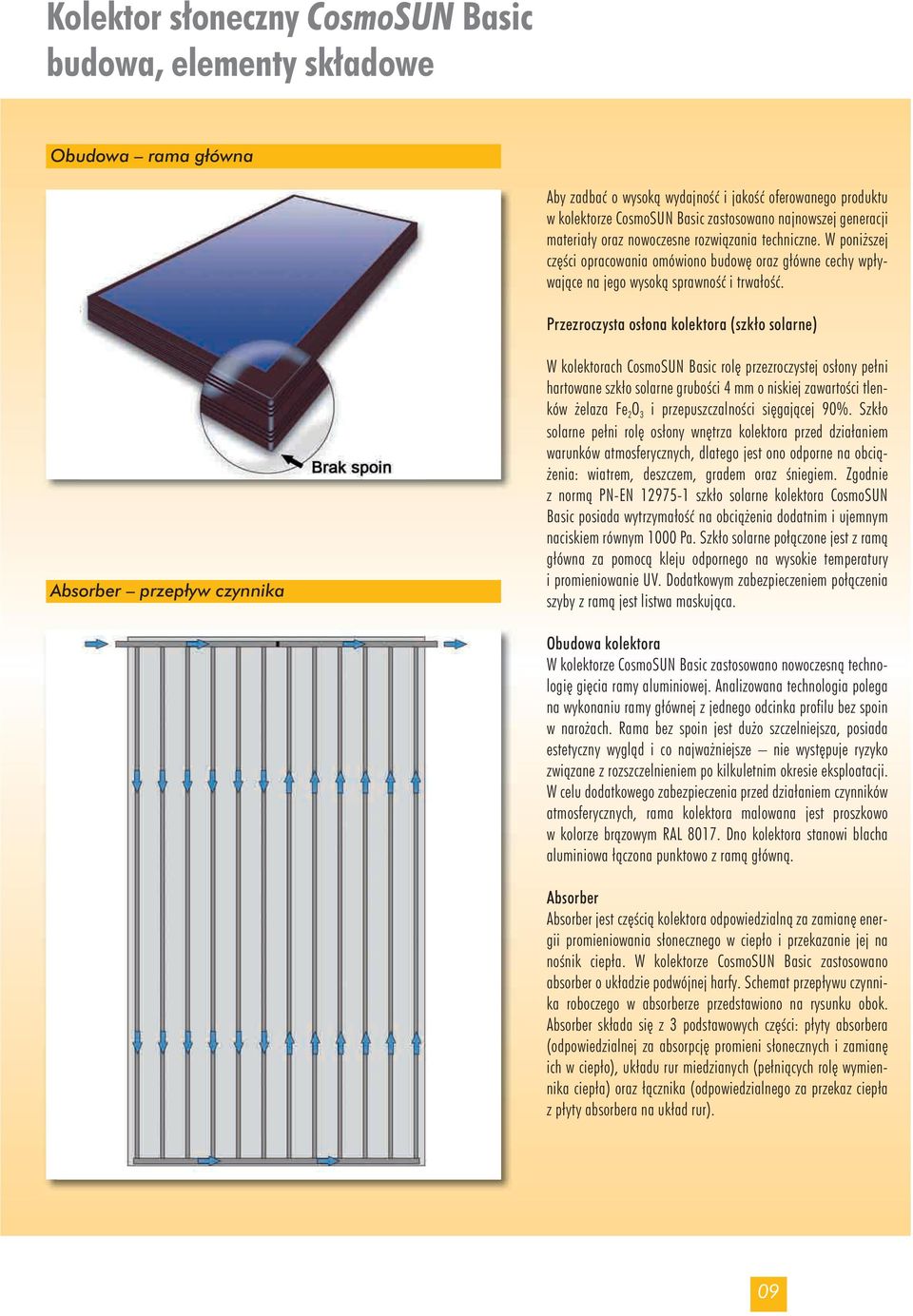 Przezroczysta osłona kolektora (szkło solarne) Absorber przepływ czynnika W kolektorach CosmoSUN Basic rol przezroczystej osłony pełni hartowane szkło solarne gruboêci 4 mm o niskiej zawartoêci