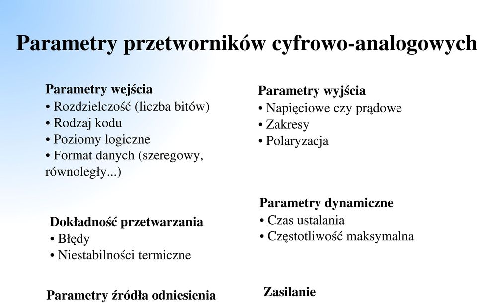 ..) Dokładność przetwarzania Błędy Niestabilności termiczne Parametry wyjścia Napięciowe czy