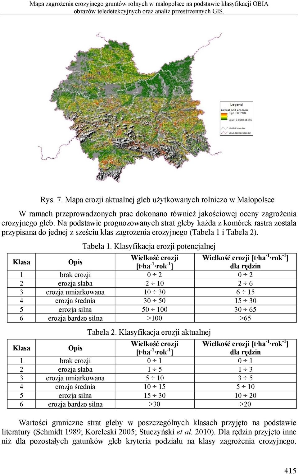 Na podstawie prognozowanych strat gleby każda z komórek rastra została przypisana do jednej z sześciu klas zagrożenia erozyjnego (Tabela 1 i Tabela 2). Tabela 1.