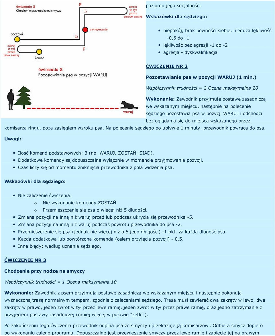 komisarza ringu, poza zasięgiem wzroku psa. Na polecenie sędziego po upływie 1 minuty, przewodnik powraca do psa. Ilość komend podstawowych: 3 (np. WARUJ, ZOSTAŃ, SIAD).