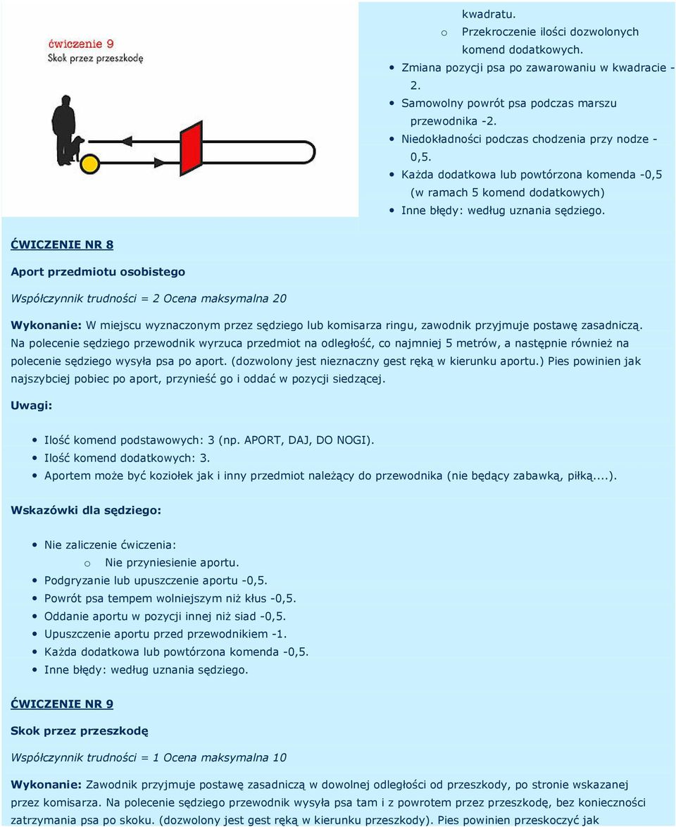 Każda dodatkowa lub powtórzona komenda -0,5 (w ramach 5 komend dodatkowych) ĆWICZENIE NR 8 Aport przedmiotu osobistego Wykonanie: W miejscu wyznaczonym przez sędziego lub komisarza ringu, zawodnik