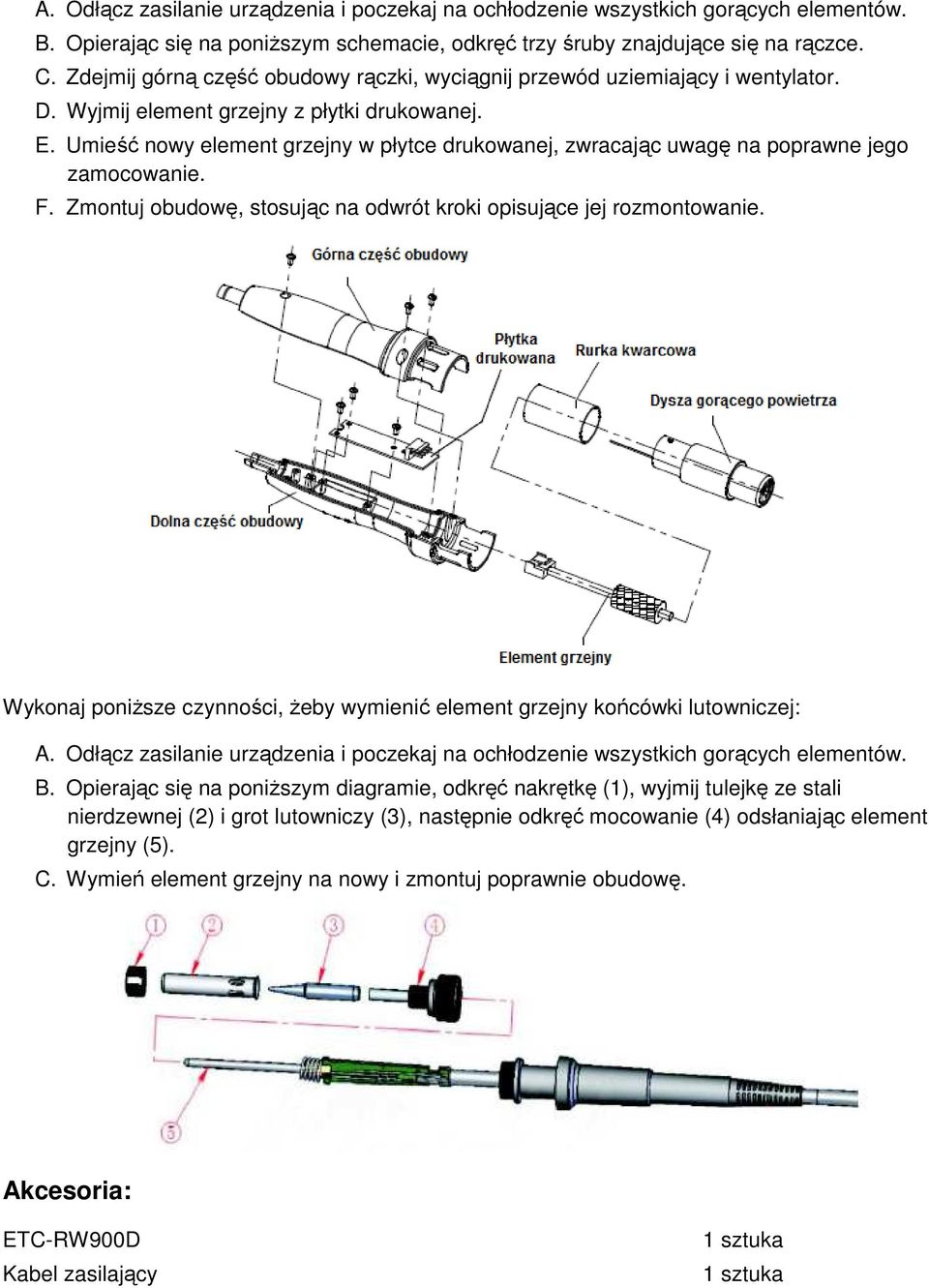 Umieść nowy element grzejny w płytce drukowanej, zwracając uwagę na poprawne jego zamocowanie. F. Zmontuj obudowę, stosując na odwrót kroki opisujące jej rozmontowanie.