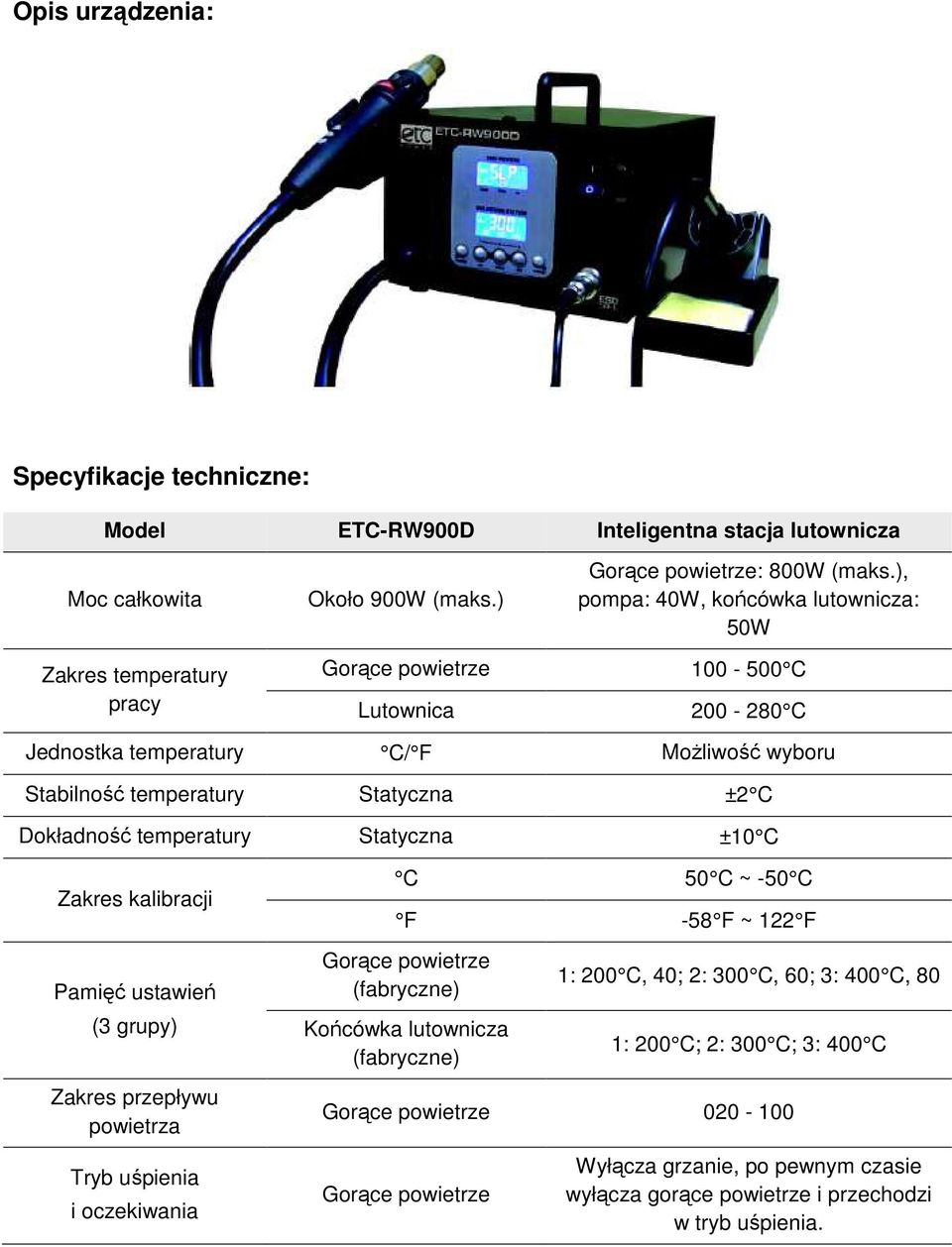 Dokładność temperatury Statyczna ±10 C Zakres kalibracji Pamięć ustawień (3 grupy) Zakres przepływu powietrza Tryb uśpienia i oczekiwania C 50 C ~ -50 C F -58 F ~ 122 F Gorące powietrze