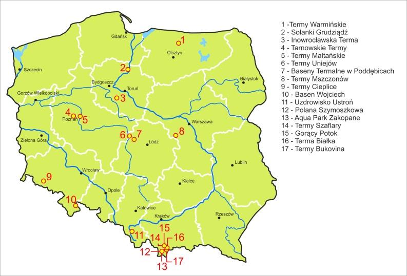 Zagospodarowanie wód termalnych 17 geotermalnych ośrodków rekreacyjnych 6 ciepłowni