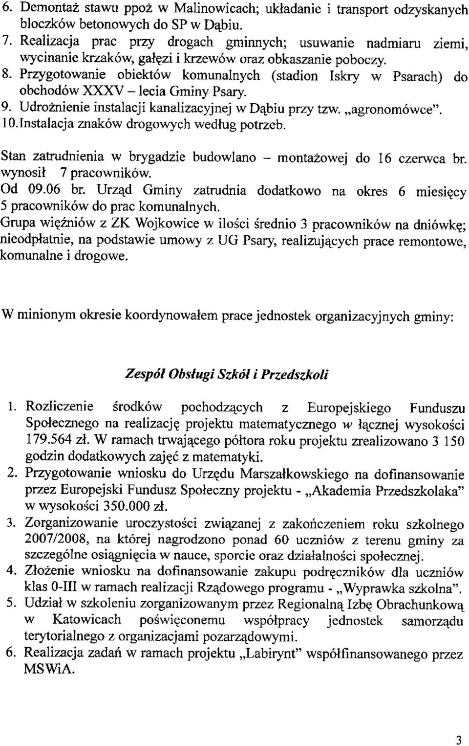 ,,agronomowce". lo.instalacja znakow drogowych wedhig potrzeb. Stan zatrudnienia w brygadzie budowlano - montazowej do 16 czerwca br. wynosit 7 pracownikow. Od 09.06 br.
