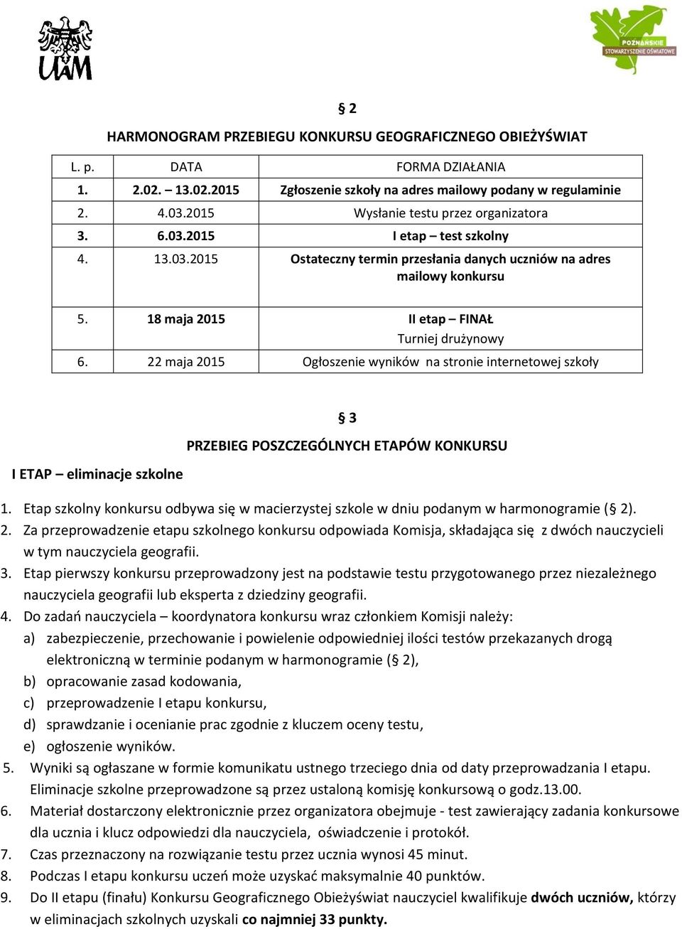 18 maja 2015 II etap FINAŁ Turniej drużynowy 6. 22 maja 2015 Ogłoszenie wyników na stronie internetowej szkoły I ETAP eliminacje szkolne 3 PRZEBIEG POSZCZEGÓLNYCH ETAPÓW KONKURSU 1.