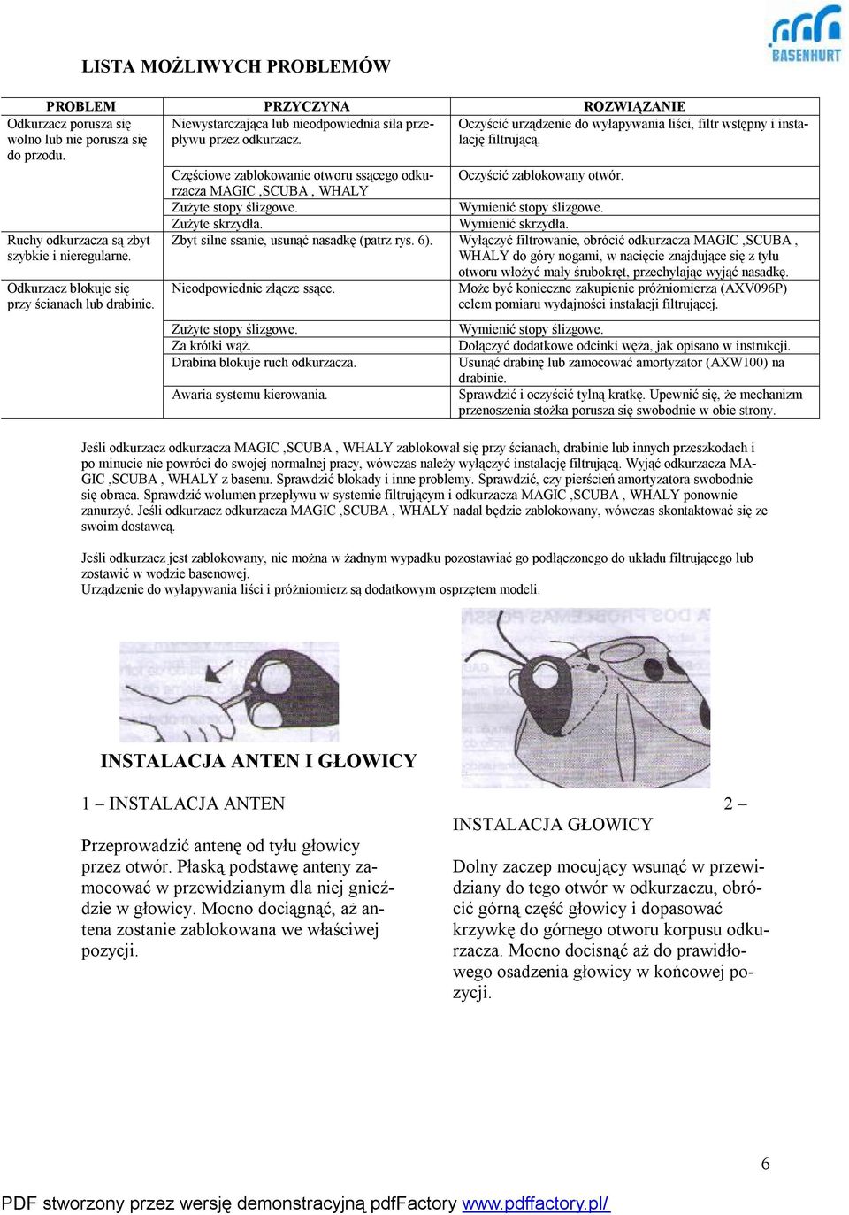 Częściowe zablokowanie otworu ssącego odkurzacza MAGIC,SCUBA, WHALY Oczyścić zablokowany otwór. Zużyte stopy ślizgowe. Wymienić stopy ślizgowe. Zużyte skrzydła. Wymienić skrzydła.