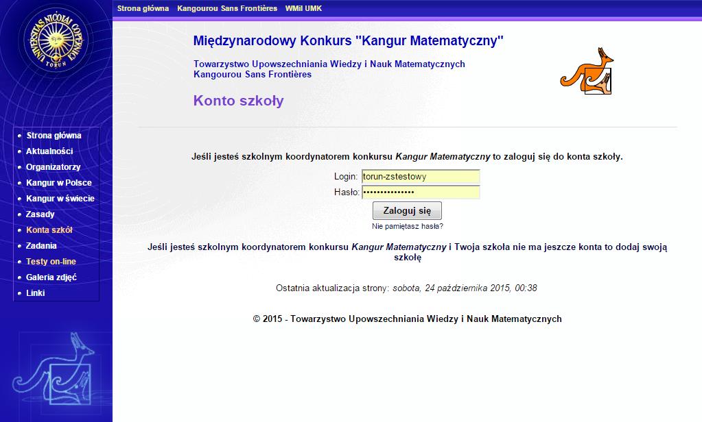 4. W celu zalogowania się na konto szkoły należy wpisać login i hasło szkoły oraz wcisnąć przycisk Zaloguj się. 5.