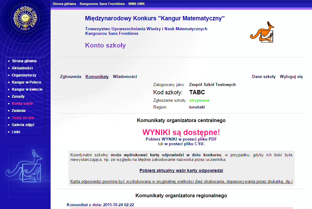 11. Po zakończeniu konkursu, gdy główny organizator sprawdzi rozwiązania wszystkich uczestników i wprowadzi wyniki do systemu, każda szkoła, po