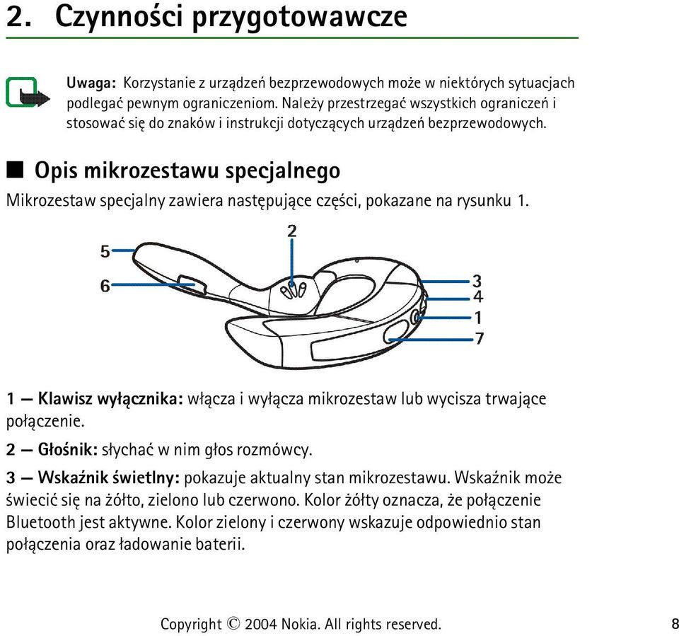 Opis mikrozestawu specjalnego Mikrozestaw specjalny zawiera nastêpuj±ce czê ci, pokazane na rysunku 1. 1 Klawisz wy³±cznika: w³±cza i wy³±cza mikrozestaw lub wycisza trwaj±ce po³±czenie.