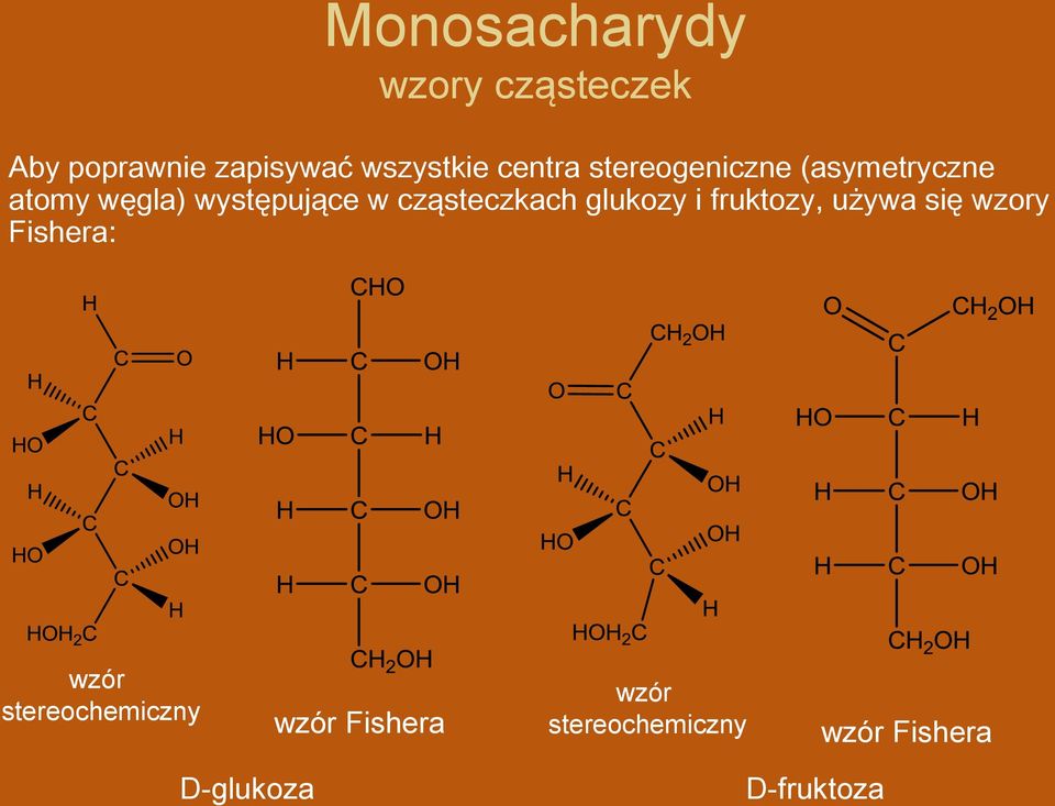 cząsteczkach glukozy i fruktozy, używa się wzory Fishera: wzór