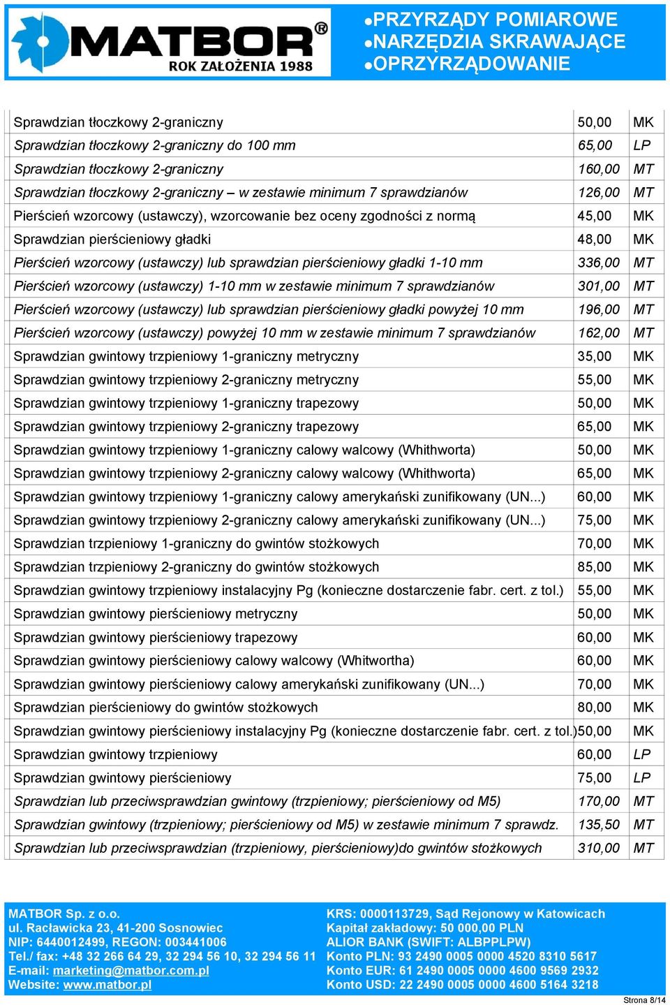 pierścieniowy gładki 1-10 mm 336,00 MT Pierścień wzorcowy (ustawczy) 1-10 mm w zestawie minimum 7 sprawdzianów 301,00 MT Pierścień wzorcowy (ustawczy) lub sprawdzian pierścieniowy gładki powyżej 10