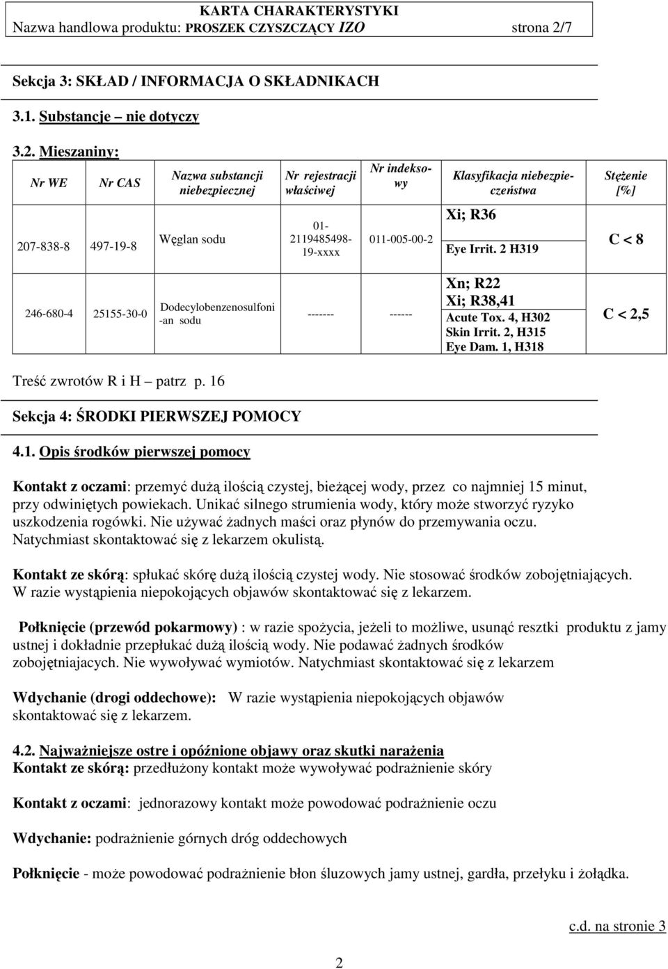 Mieszaniny: Nr WE Nr CAS Nazwa substancji niebezpiecznej Nr rejestracji właściwej Nr indeksowy Klasyfikacja niebezpieczeństwa Stężenie [%] 207-838-8 497-19-8 Węglan sodu 01-2119485498- 19-xxxx