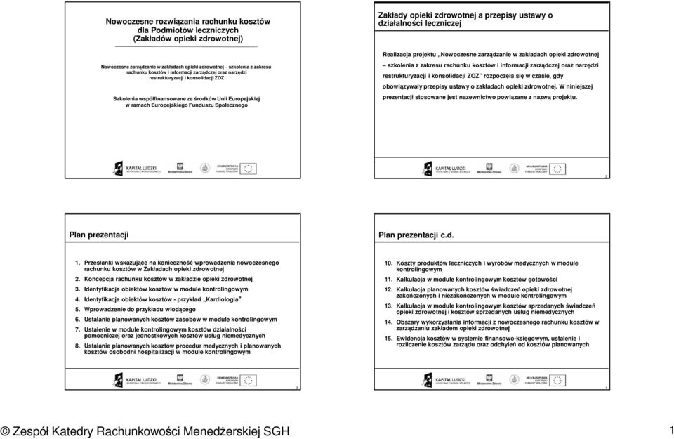 ustawy o działalności leczniczej Realizacja projektu Nowoczesne zarządzanie w zakładach opieki zdrowotnej szkolenia z zakresu rachunku kosztów i informacji zarządczej oraz narzędzi restrukturyzacji i