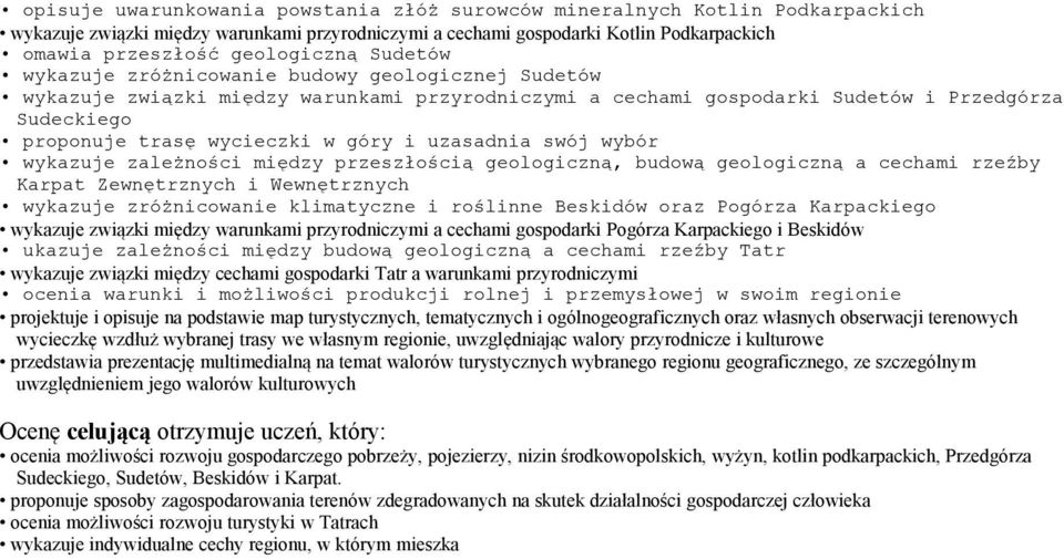 uzasadnia swój wybór wykazuje zależności między przeszłością geologiczną, budową geologiczną a cechami rzeźby Karpat Zewnętrznych i Wewnętrznych wykazuje zróżnicowanie klimatyczne i roślinne Beskidów